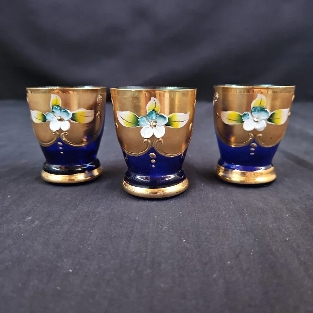 Vtg Blue‎ Cobalt Gold Glided Hand Painting Bohemia Czech Shot Glasses Set of 3